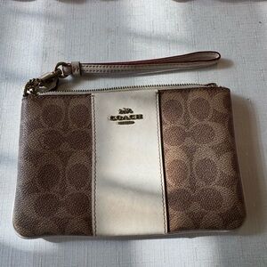 Coach Brown Signature Canvas Wristlet with Cream Center Panel